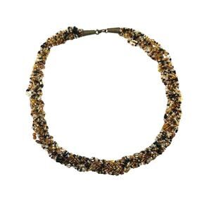 Vintage Handmade Chunky Braided Amber Black Glass Seed Bead 19" Necklace